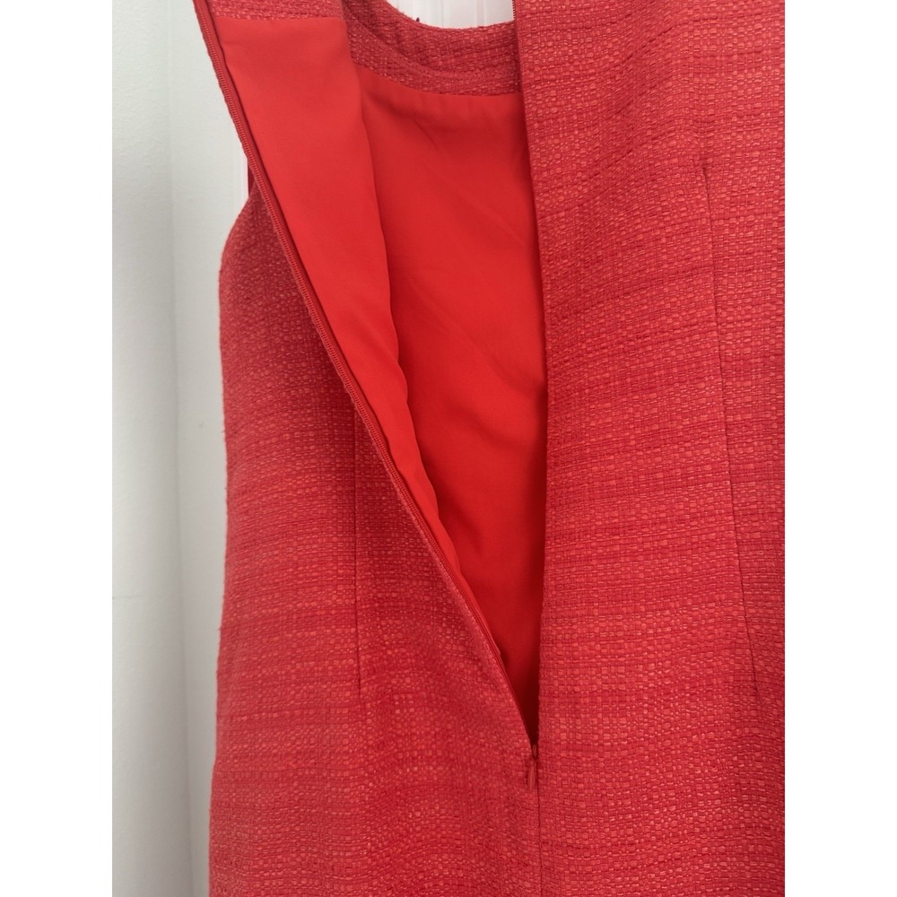Talbots Tweed Sheath Dress Size 10 Coral Red Fringe Trim Sleeveless Lined Pocket - Picture 8 of 12